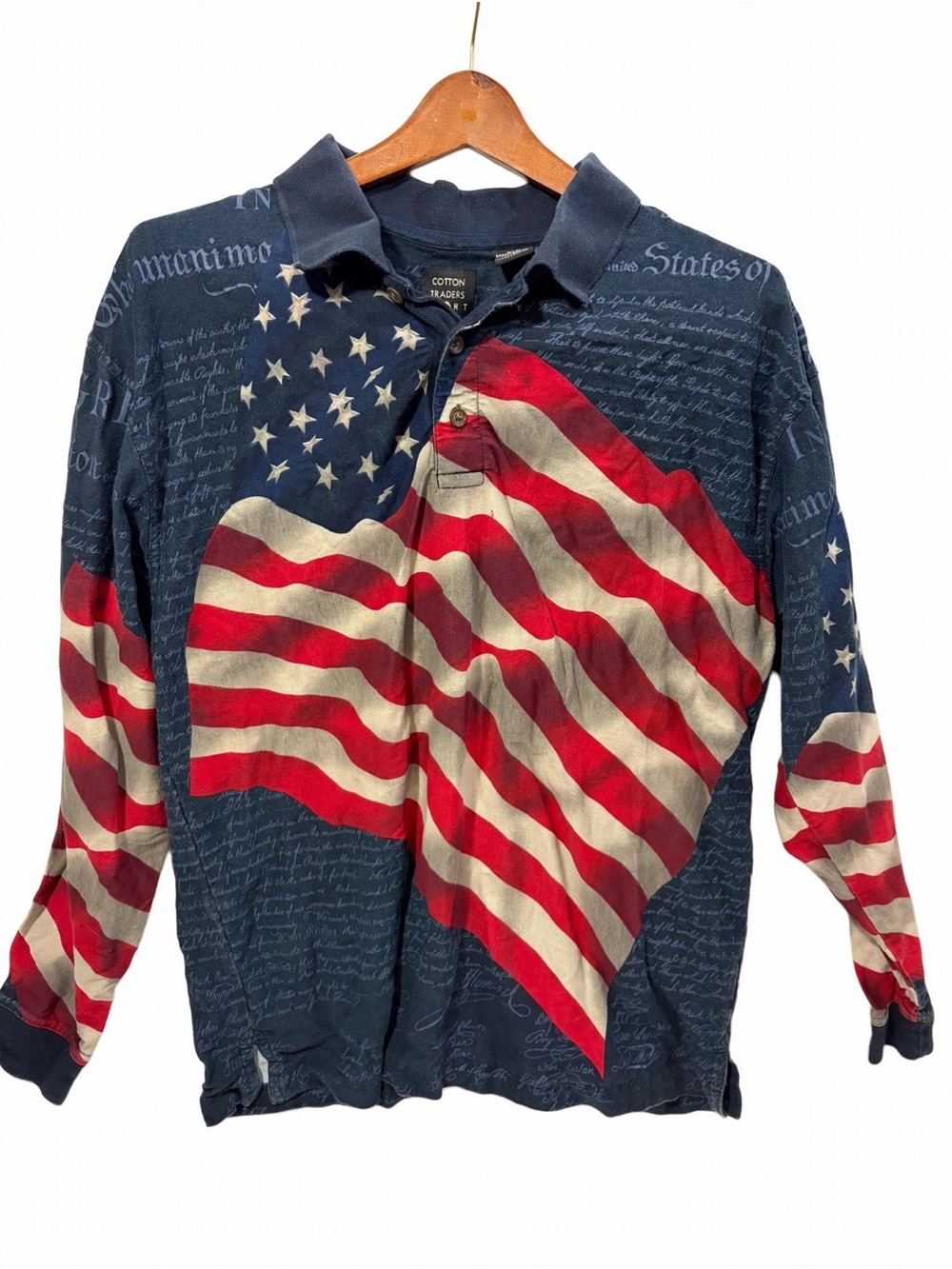 Cotton Traders Men's Long-Sleeve Polo Shirt - Navy with Red & White Flag Print